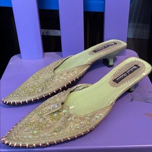 Michael Antonio Gold-Beaded Green Pointed Kitten Heel Mules Y2K